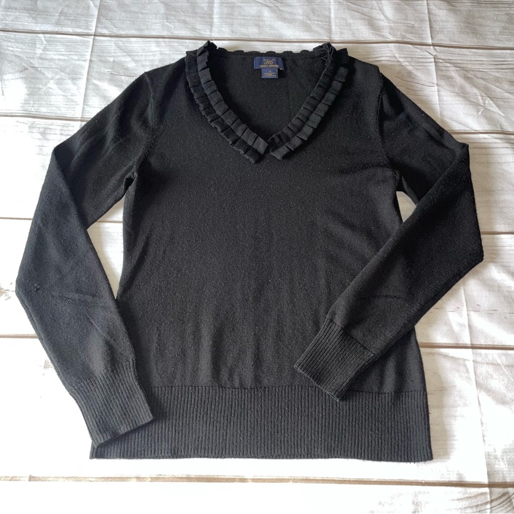 Brooks Brothers Merino Wool Ruffled V Neck Sweater S Black Workwear Career